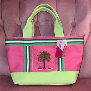 Fuschia and Green Tote Bag with Palm Tree and Coconut Design with flaw